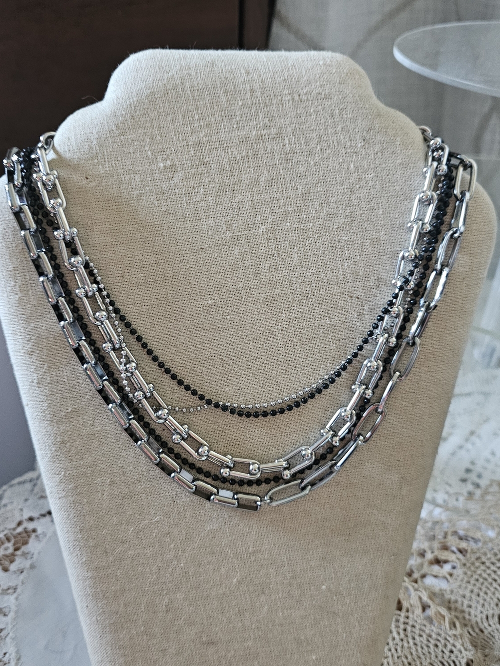 Multi-Strand Silver and Black Layered Necklace